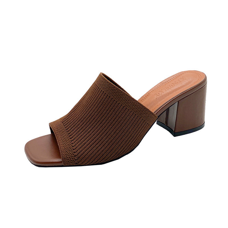 Chunky Heel Square Toe Slip On Sandals