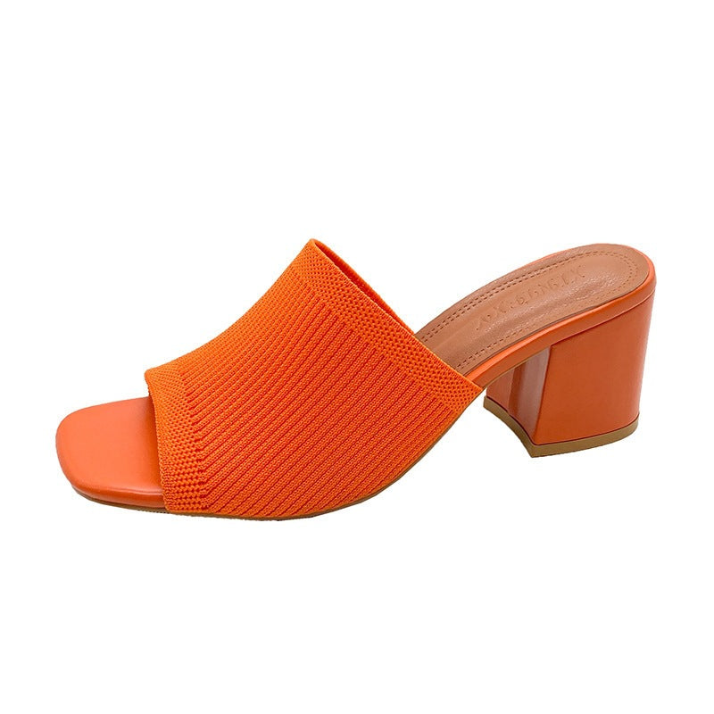 Chunky Heel Square Toe Slip On Sandals