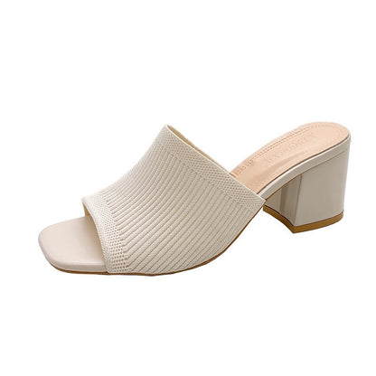 Chunky Heel Square Toe Slip On Sandals