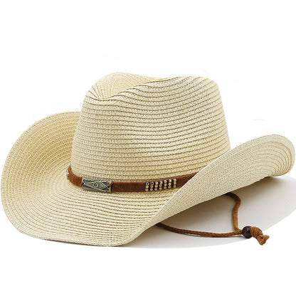 Classic Denim Straw Hat with Wide Brim