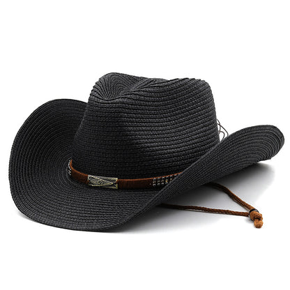 Classic Denim Straw Hat with Wide Brim