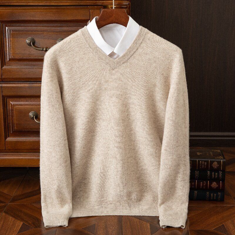 Classic versatile thick wool sweater with round V-neck