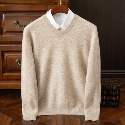 Classic versatile thick wool sweater with round V-neck