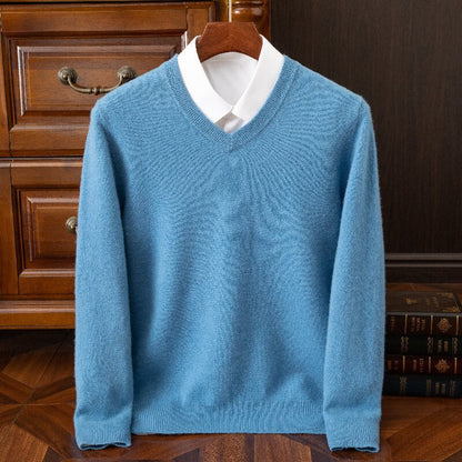 Classic versatile thick wool sweater with round V-neck