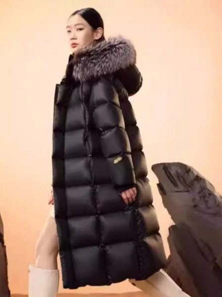 Classy Black Goose Down Jacket with Fox Fur Collar