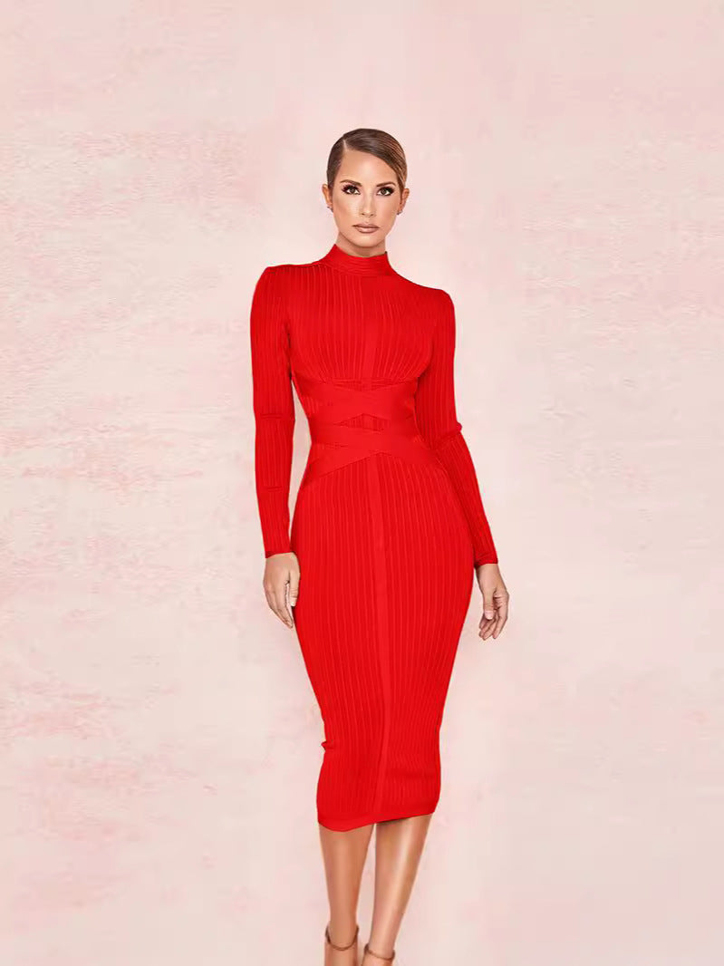 Clothing Long-Sleeved Hip-Hugging Tight Sexy Stretch Dress