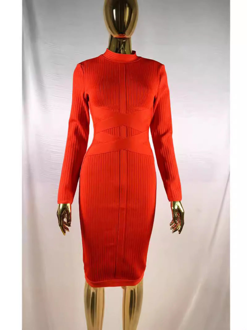 Clothing Long-Sleeved Hip-Hugging Tight Sexy Stretch Dress