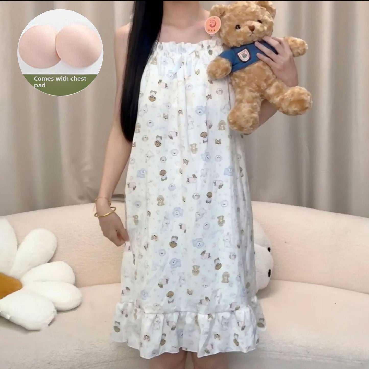 Cloud Cotton Suspender Nightgown with Breast Pads