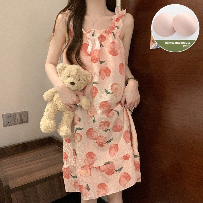 Cloud Cotton Suspender Nightgown with Breast Pads
