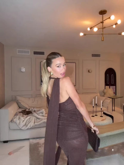 Coffee Backless Long Dress