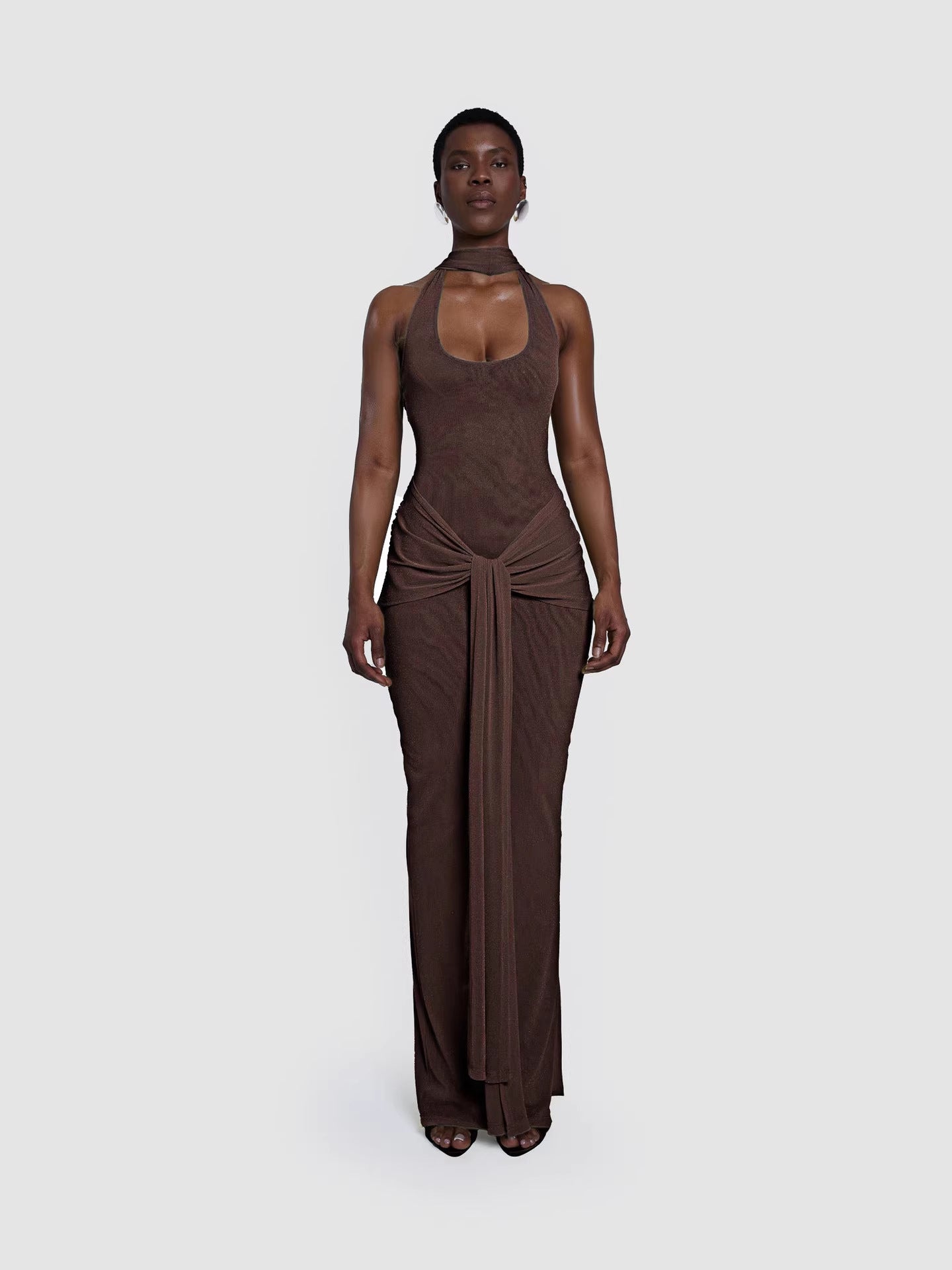 Coffee Backless Long Dress
