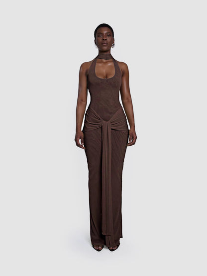 Coffee Backless Long Dress