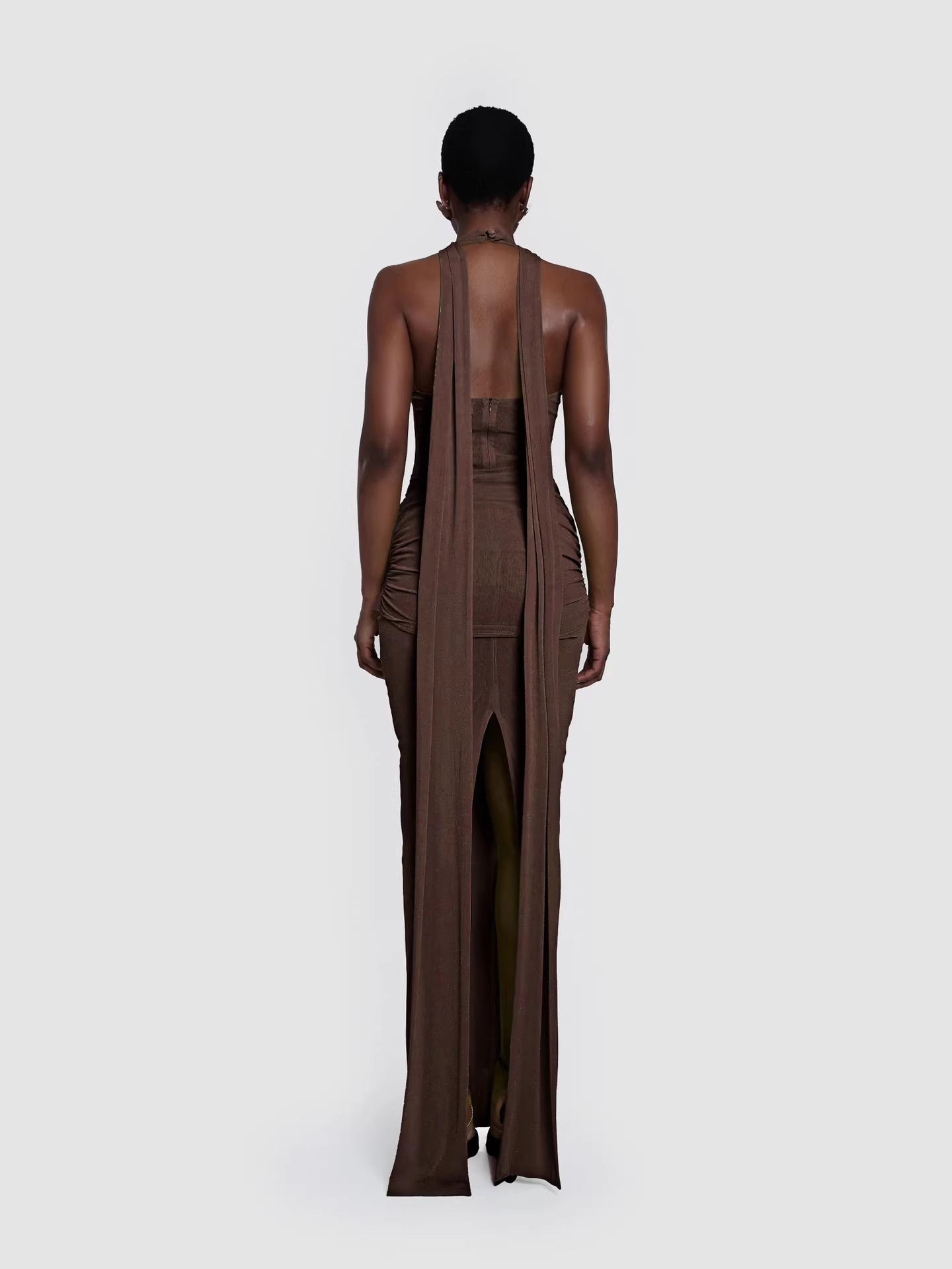 Coffee Backless Long Dress