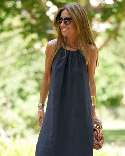 Collared, V-neck cotton and linen dress