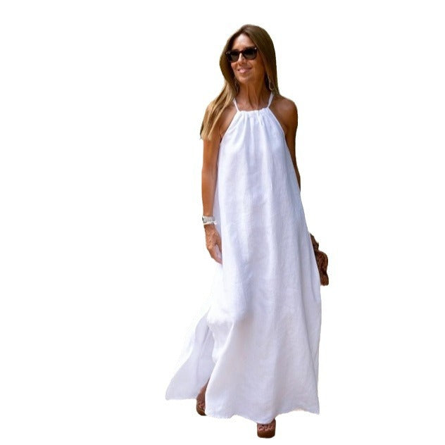 Collared, V-neck cotton and linen dress