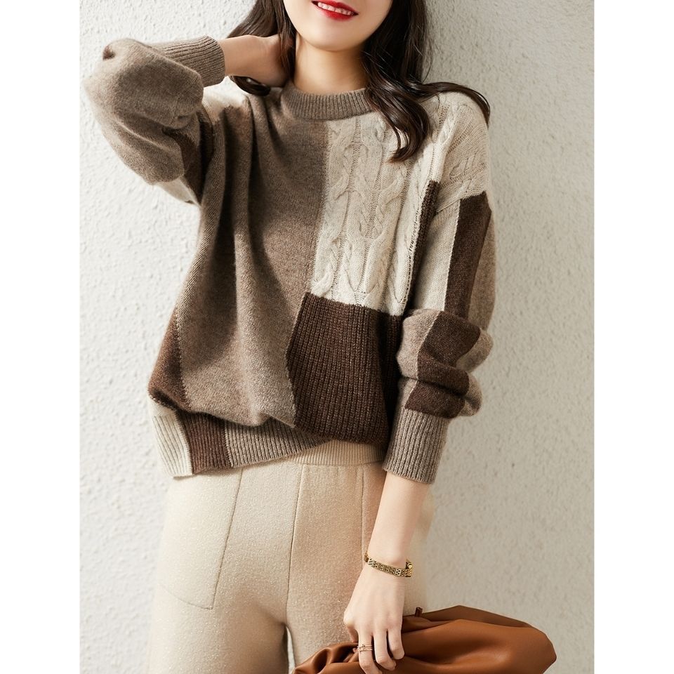 Color Block Cable Knit Womens Sweater