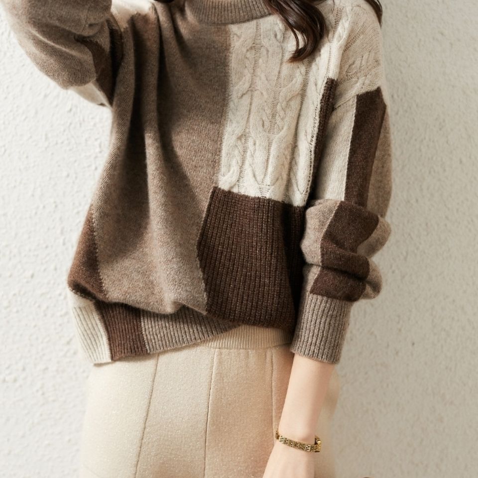 Color Block Cable Knit Womens Sweater