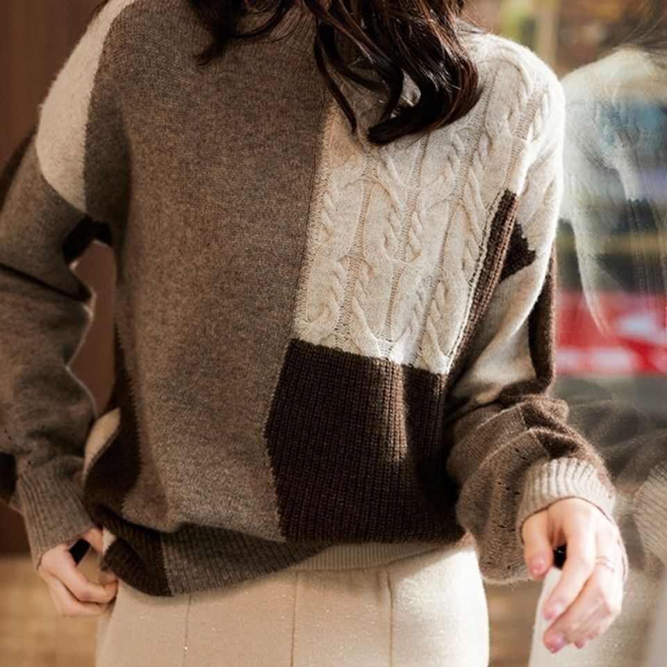 Color Block Cable Knit Womens Sweater