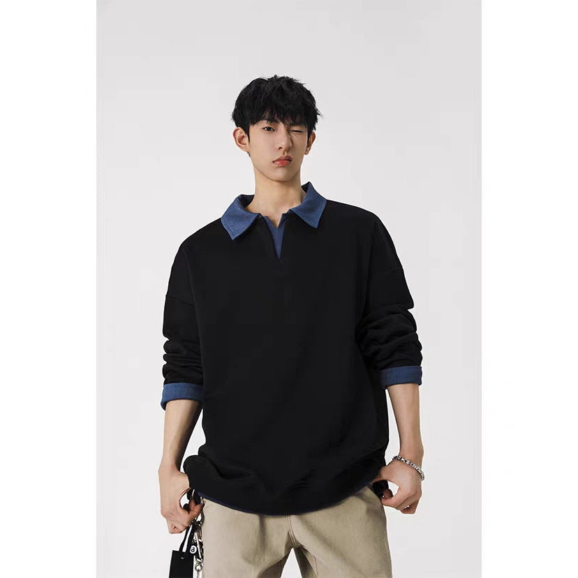 Color Block Fake Two Piece Polo Shirt Mens Casual Top