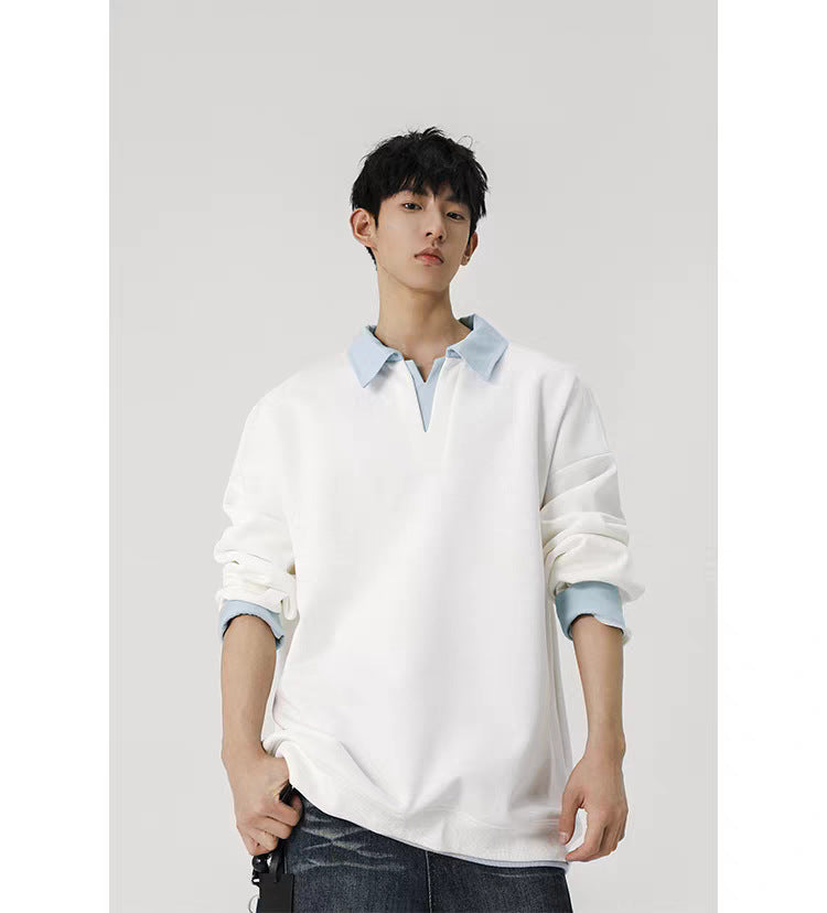 Color Block Fake Two Piece Polo Shirt Mens Casual Top