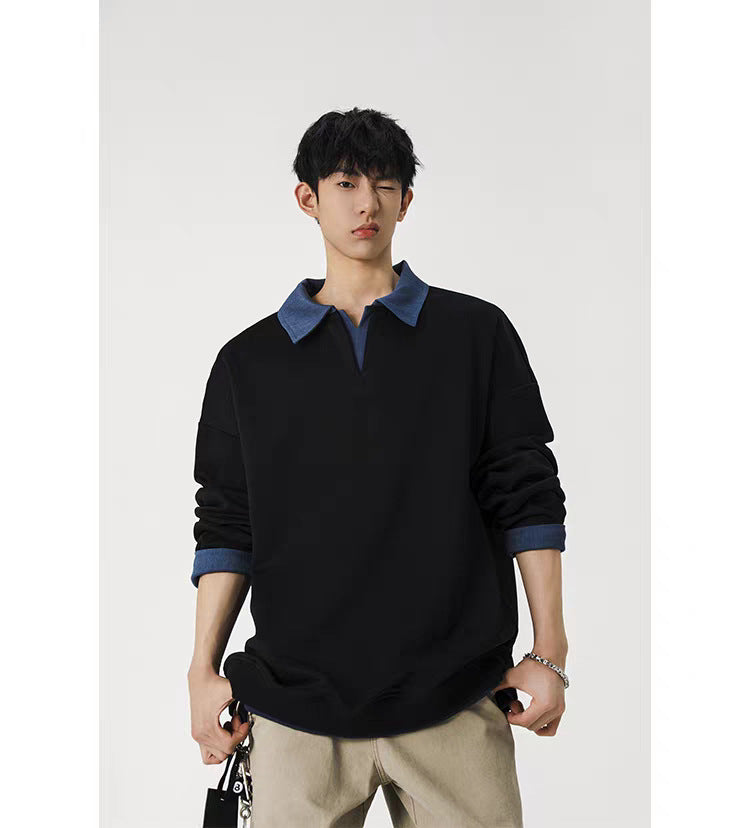 Color Block Fake Two Piece Polo Shirt Mens Casual Top