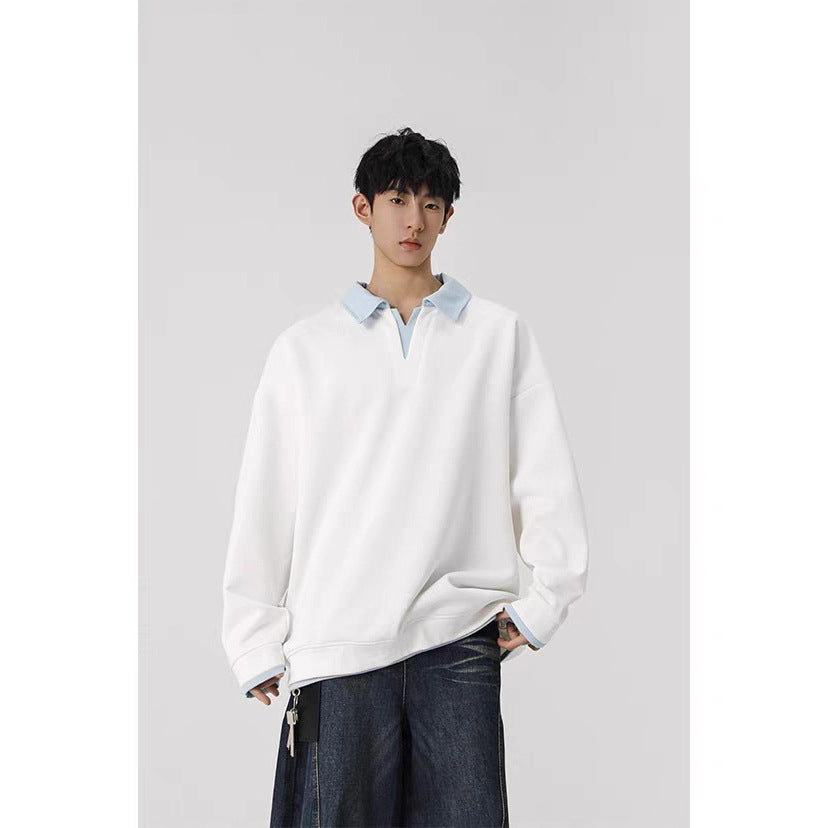 Color Block Fake Two Piece Polo Shirt Mens Casual Top