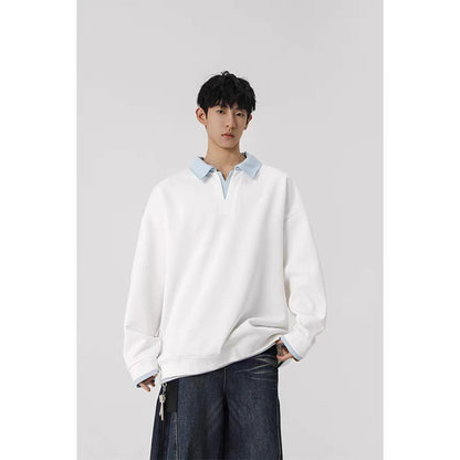 Color Block Fake Two Piece Polo Shirt Mens Casual Top