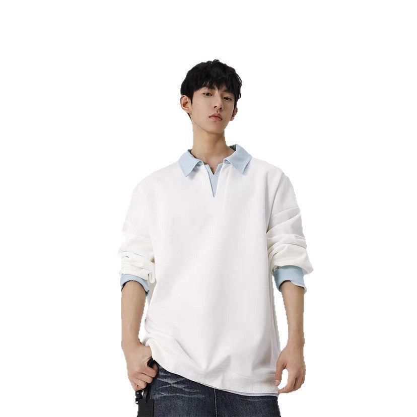 Color Block Fake Two Piece Polo Shirt Mens Casual Top