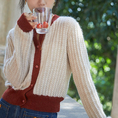 Color Block Knitted Cardigan Women's Loose Fit Open Front Sweater