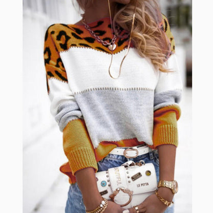 Color Block Leopard Print Knit Sweater
