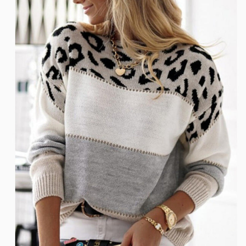 Color Block Leopard Print Knit Sweater