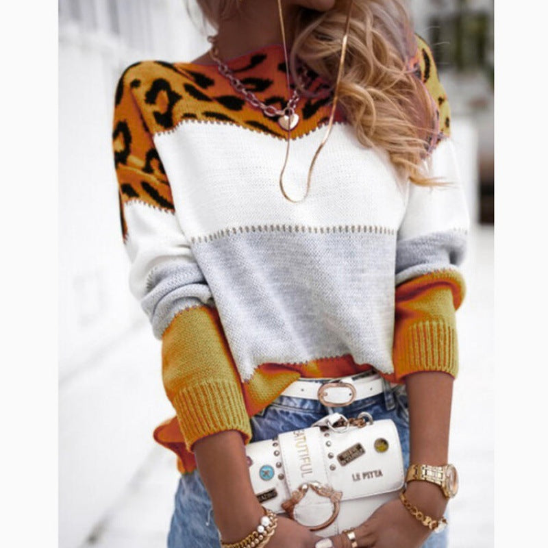 Color Block Leopard Print Knit Sweater