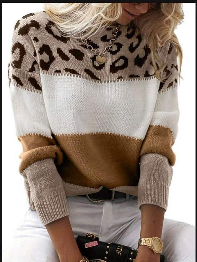 Color Block Leopard Print Knit Sweater