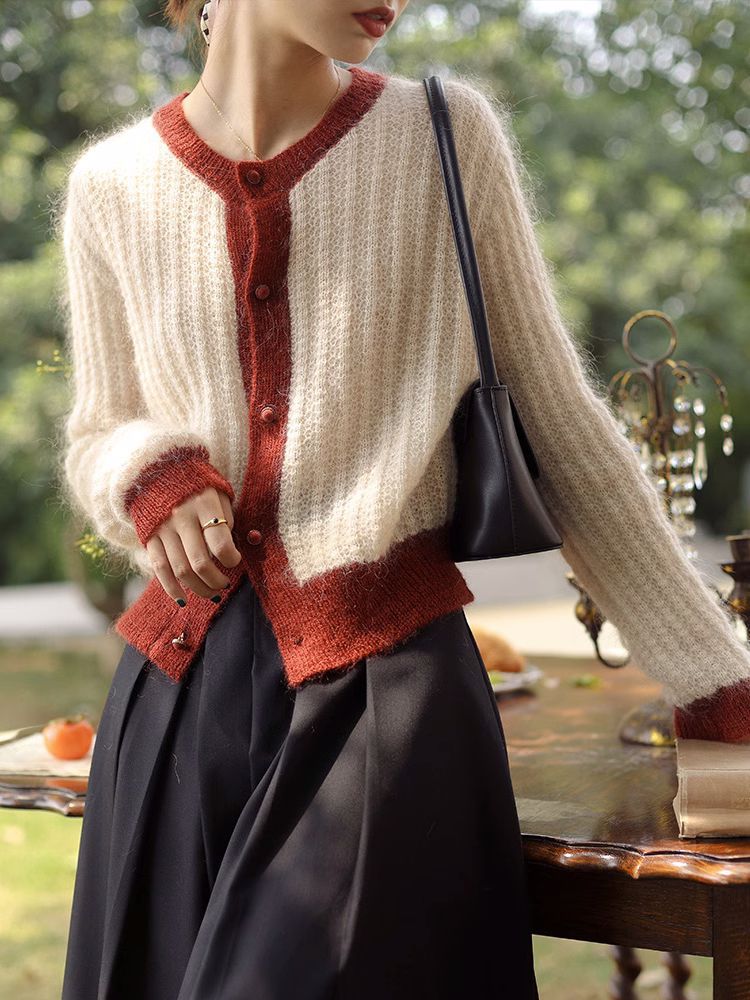 Color Block Mohair Knit Cardigan