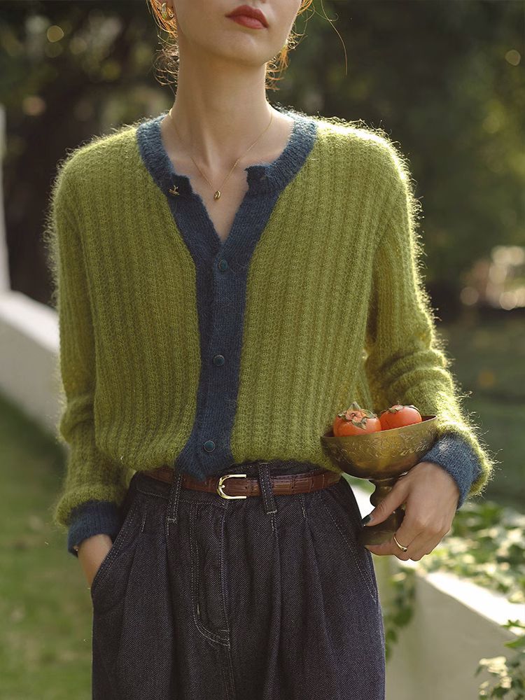 Color Block Mohair Knit Cardigan