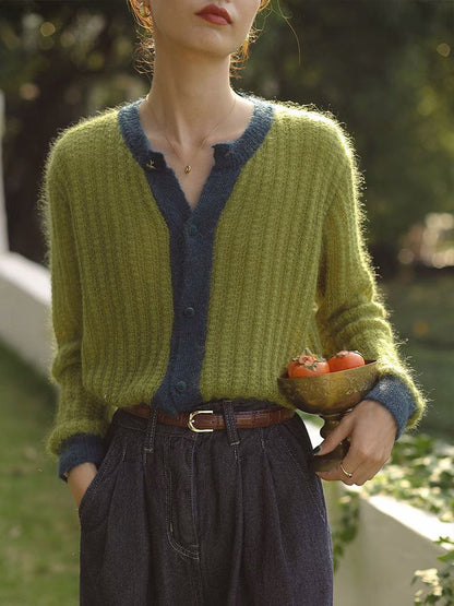 Color Block Mohair Knit Cardigan