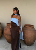 Color Block Scarf Collar Bodycon Long Dress