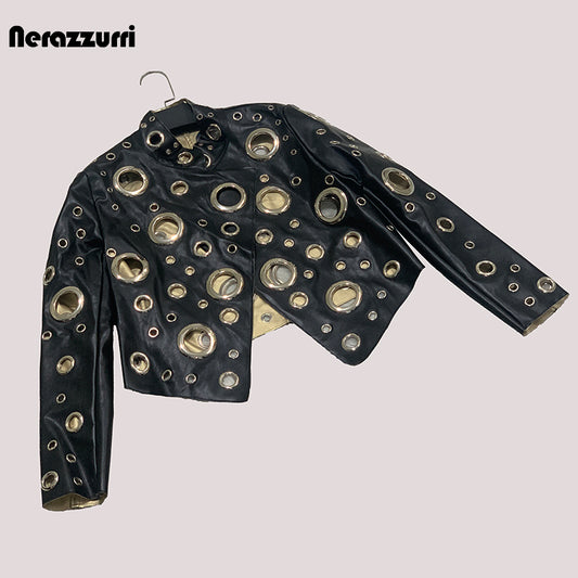 Color - Blocked and Cut - out Short PU Leather Jacket