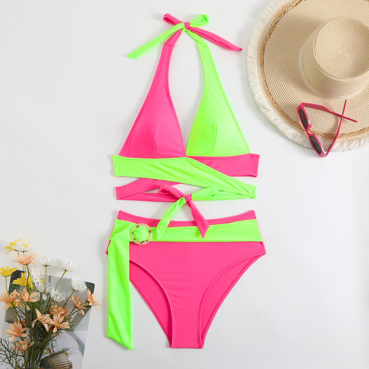 Color-Blocked Halterneck Bikini Set