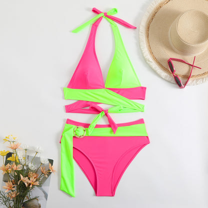 Color-Blocked Halterneck Bikini Set