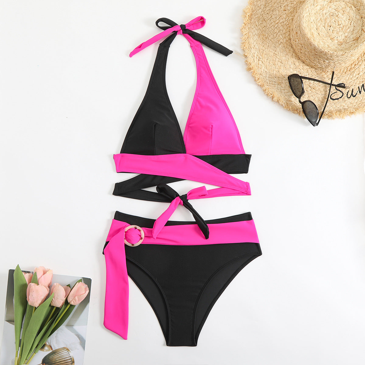 Color-Blocked Halterneck Bikini Set