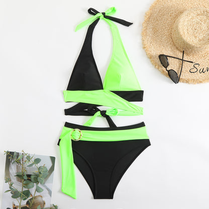 Color-Blocked Halterneck Bikini Set