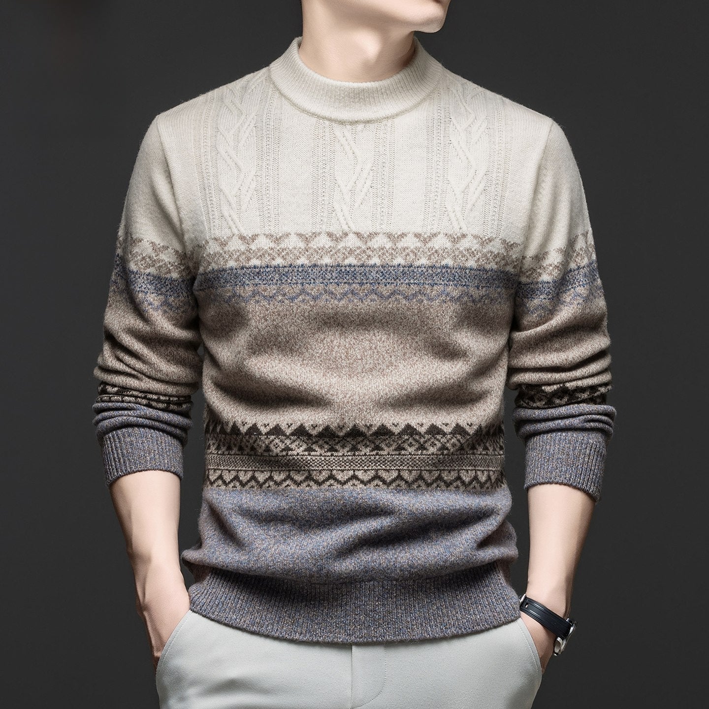 Color-blocked jacquard half-neck sweater
