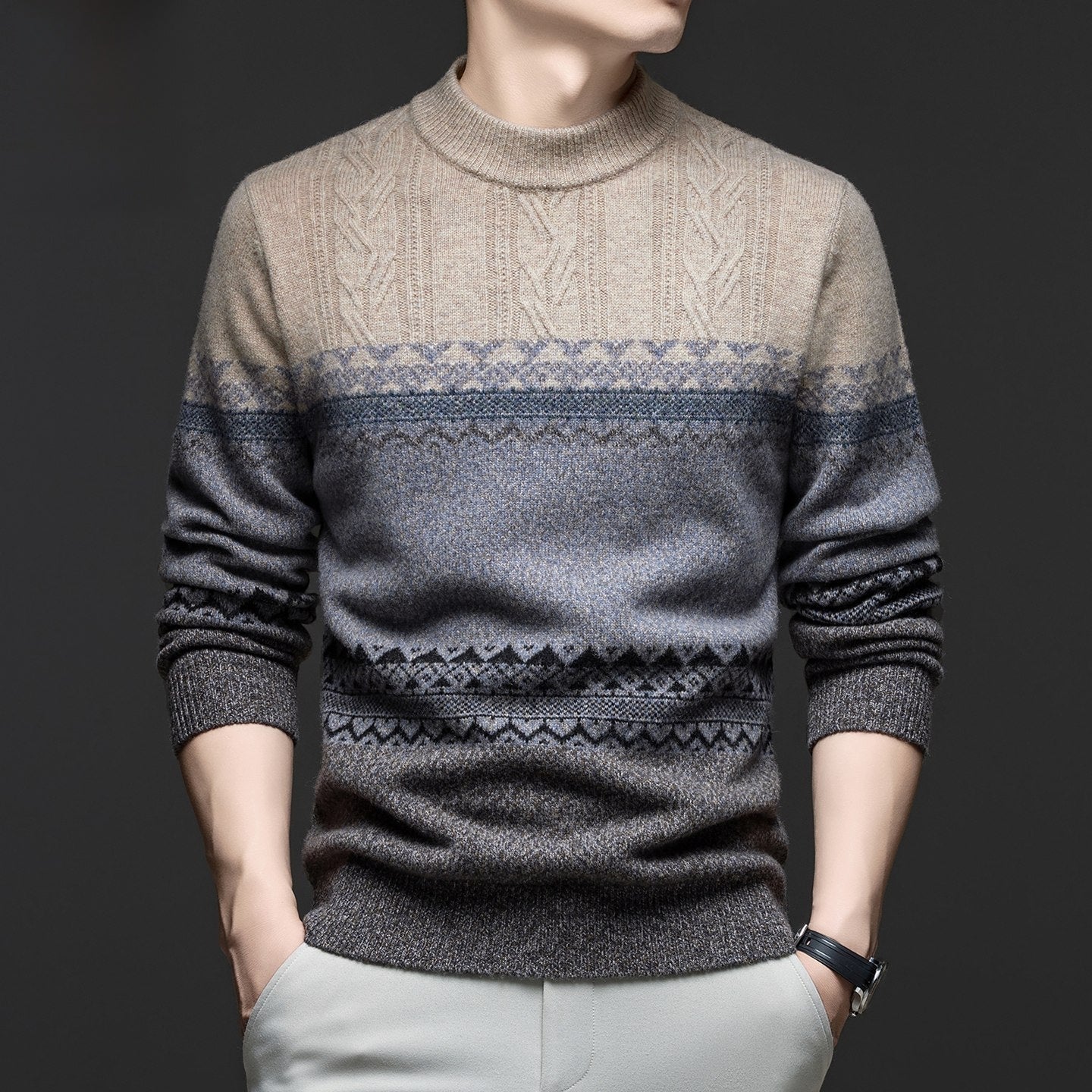 Color-blocked jacquard half-neck sweater