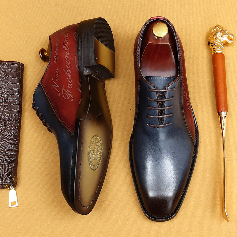 Color-blocked pointed lace-up leather shoes