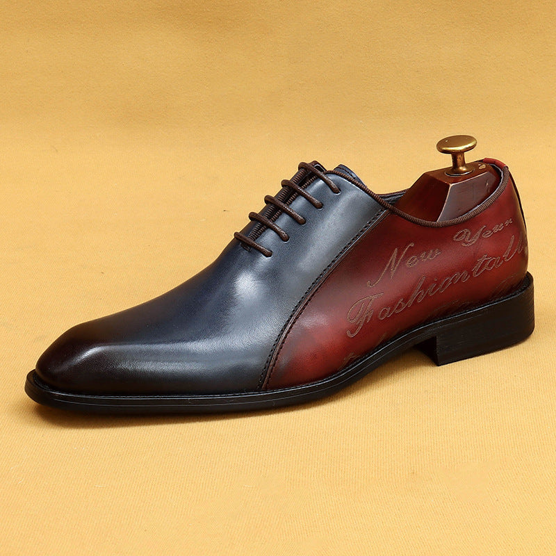Color-blocked pointed lace-up leather shoes