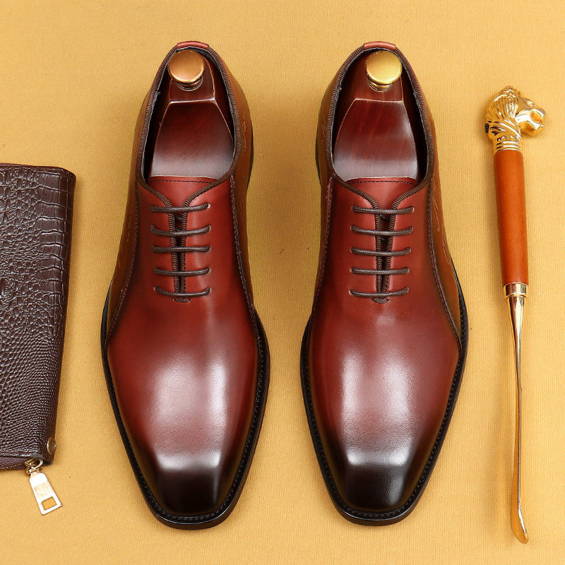 Color-blocked pointed lace-up leather shoes