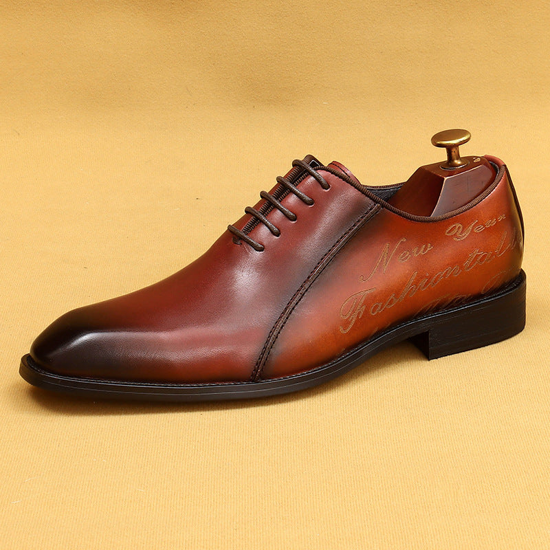 Color-blocked pointed lace-up leather shoes