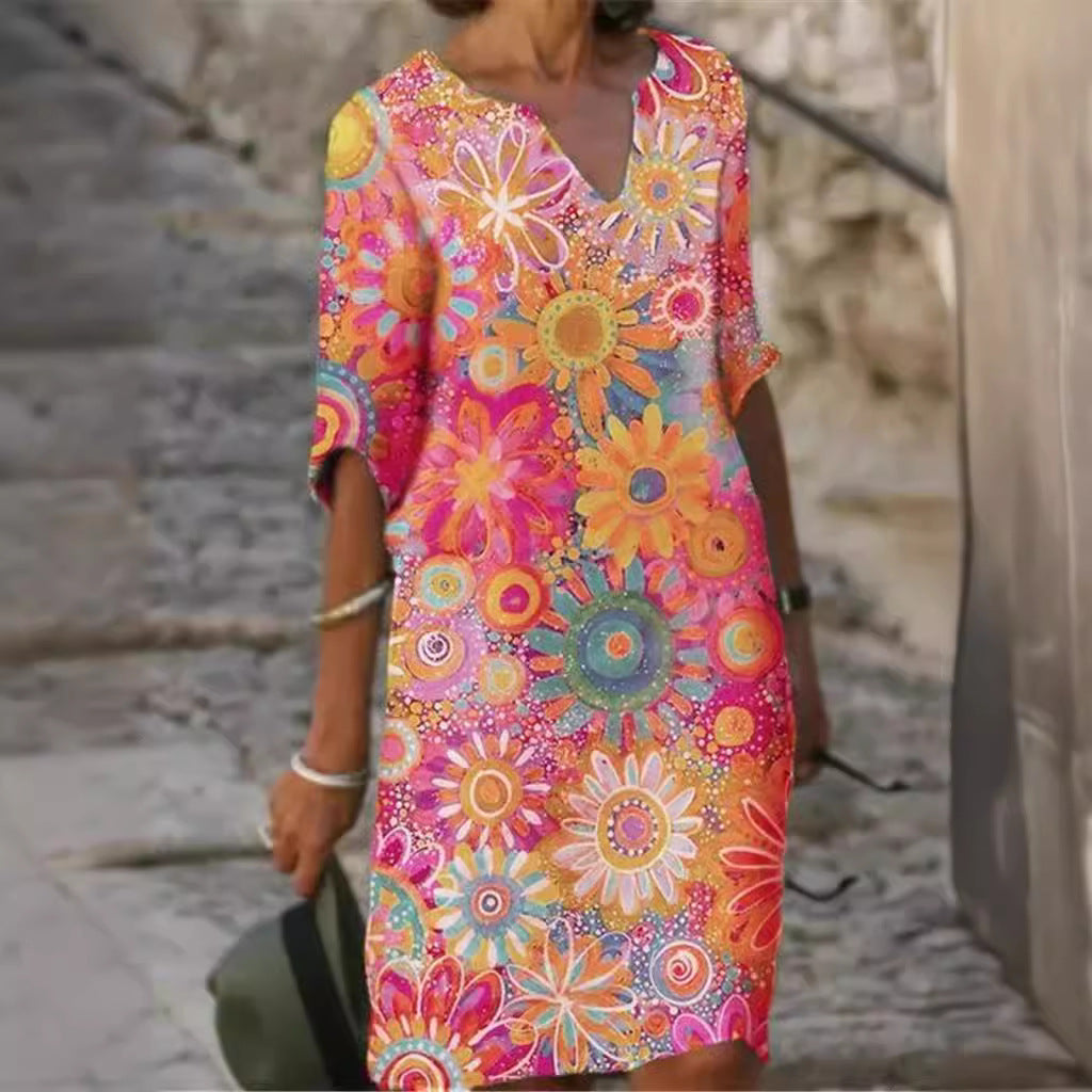 Color-Blocked Printed Patchwork V Neck Dress