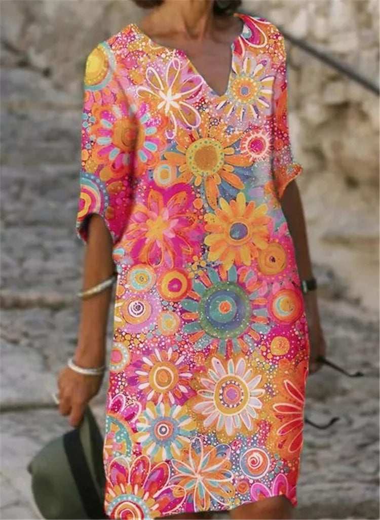 Color-Blocked Printed Patchwork V Neck Dress